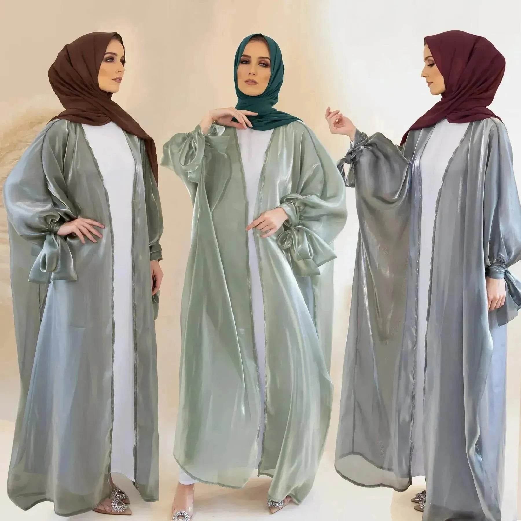 Lily Satin Cardigan Lace-up Bow Robe Abaya Dress for Arab Dubai Turkey Middle East Women