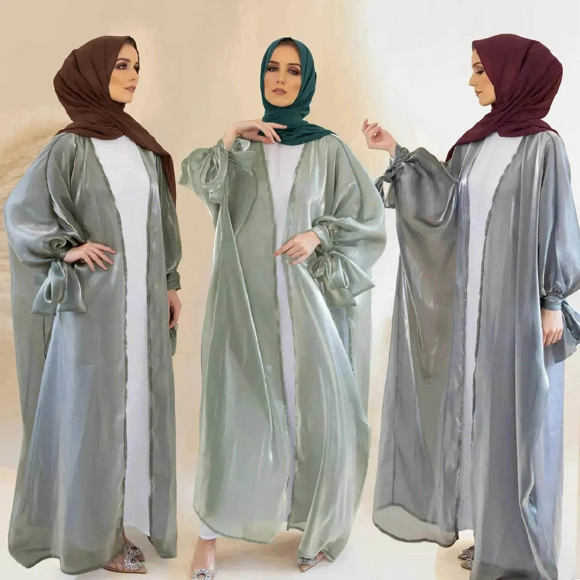 Lily Satin Cardigan Lace-up Bow Robe Abaya Dress for Arab Dubai Turkey Middle East Women