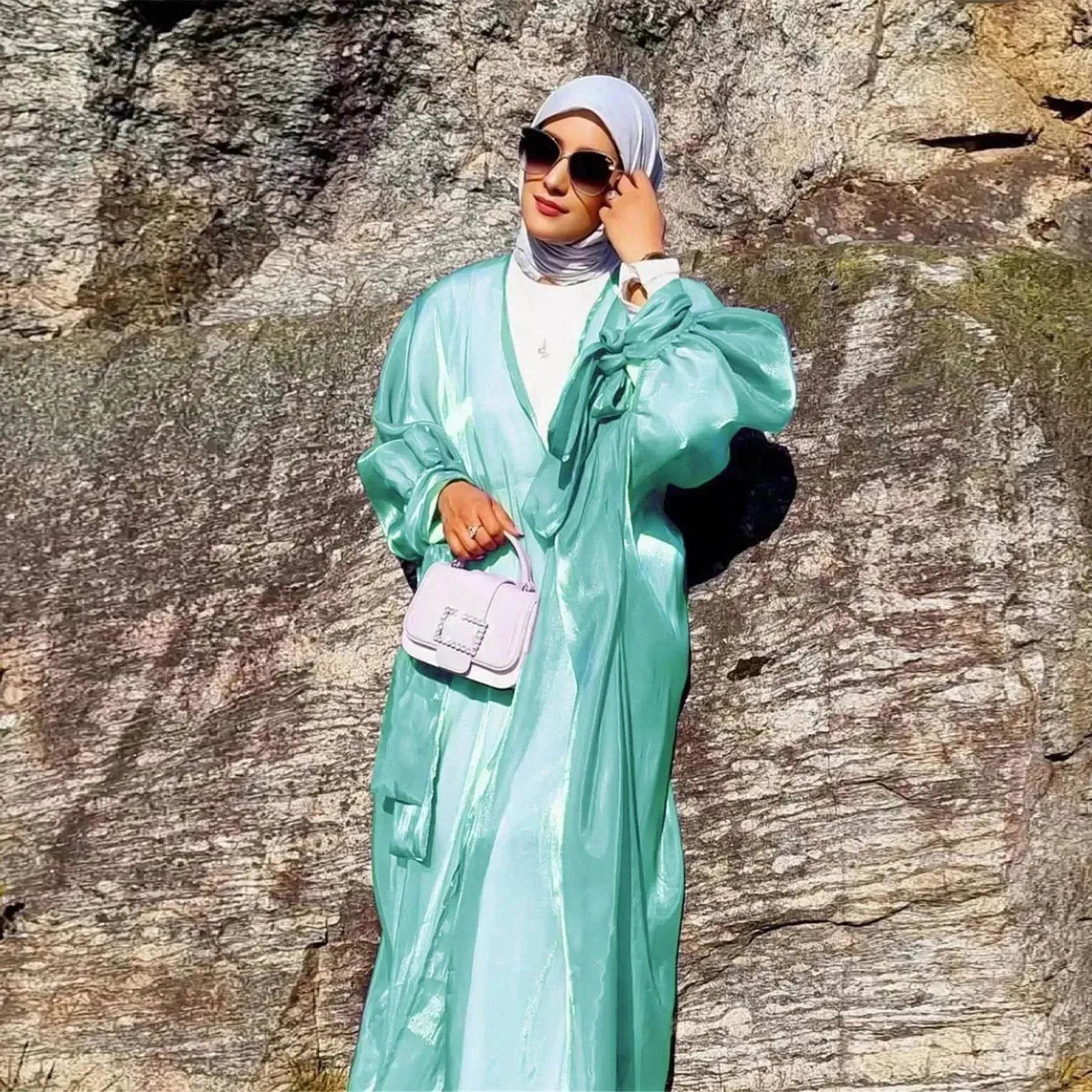 Lily Satin Cardigan Lace-up Bow Robe Abaya Dress for Arab Dubai Turkey Middle East Women
