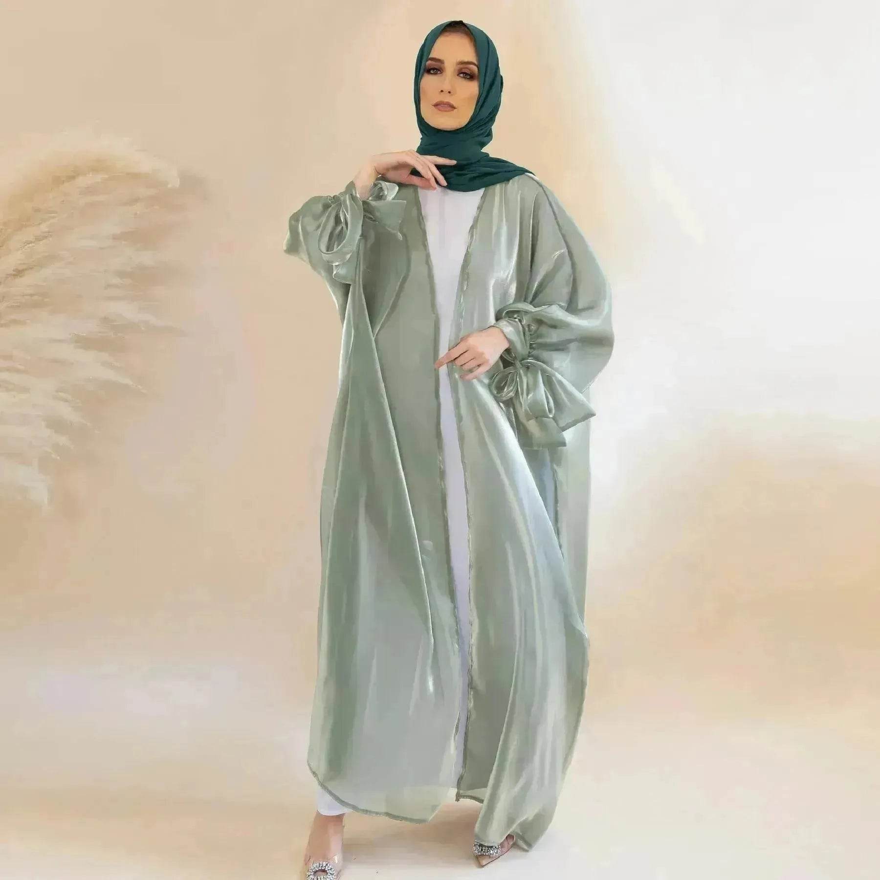 Lily Satin Cardigan Lace-up Bow Robe Abaya Dress for Arab Dubai Turkey Middle East Women