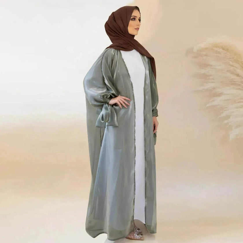 Lily Satin Cardigan Lace-up Bow Robe Abaya Dress for Arab Dubai Turkey Middle East Women