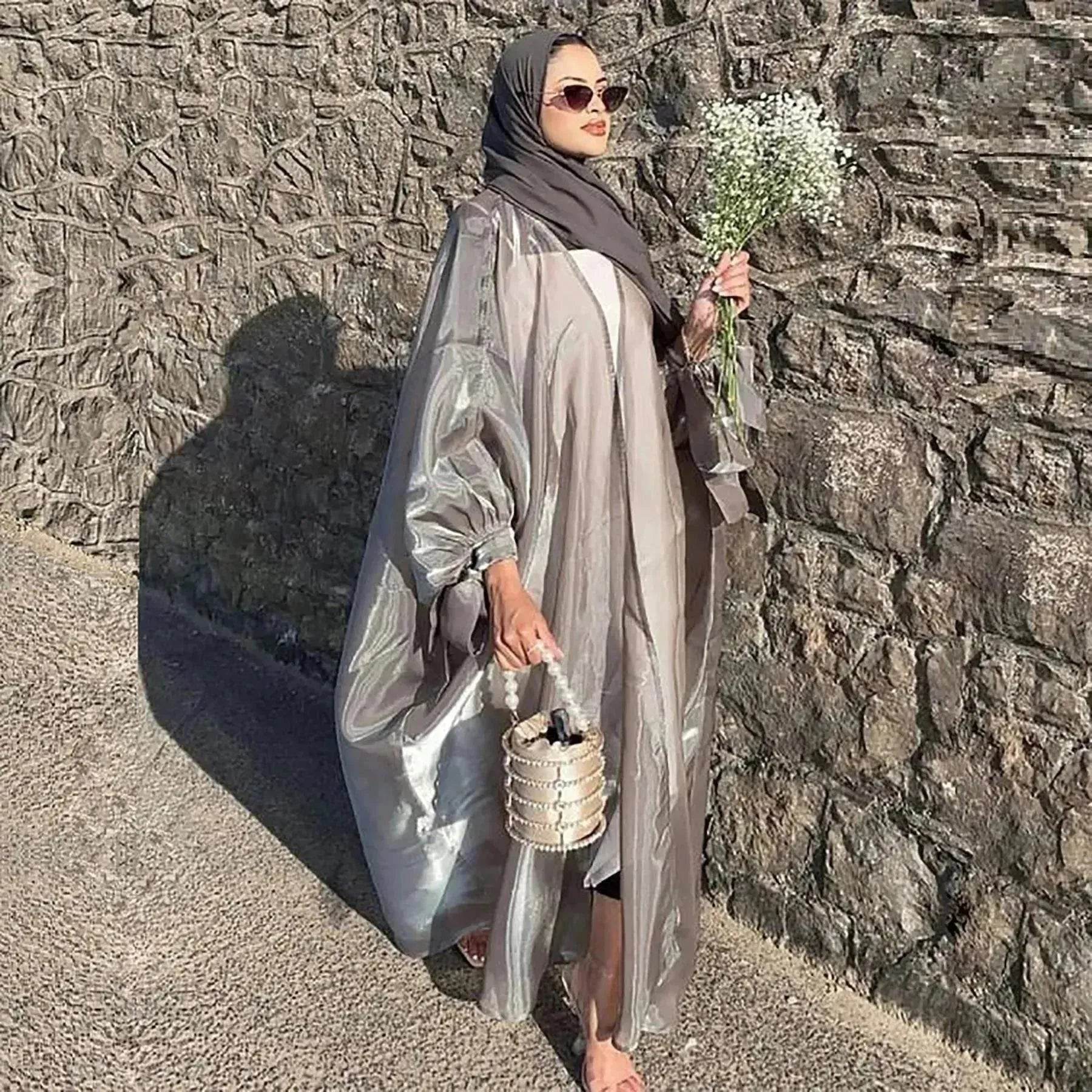 Lily Satin Cardigan Lace-up Bow Robe Abaya Dress for Arab Dubai Turkey Middle East Women