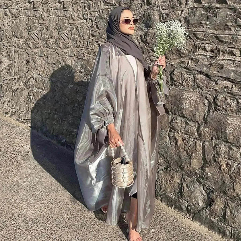 Lily Satin Cardigan Lace-up Bow Robe Abaya Dress for Arab Dubai Turkey Middle East Women