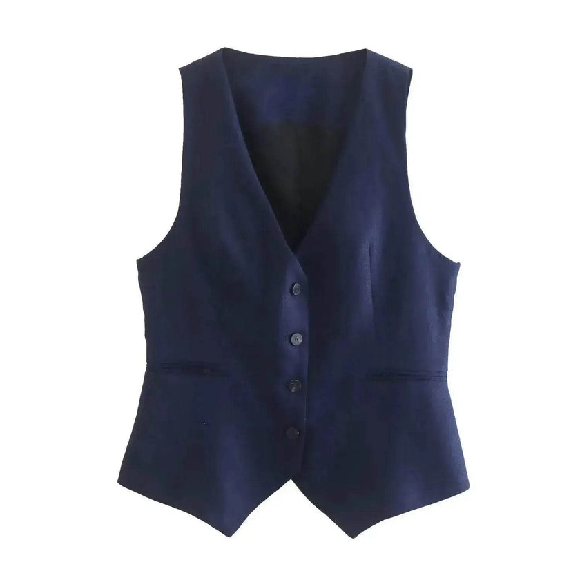 Linen Double Breasted Blazer Vest Straight-leg 3pcs Office Business Formal Pants Suit women