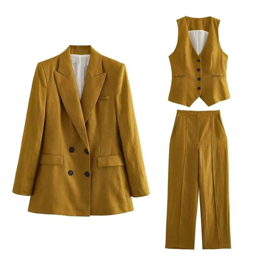 Linen Double Breasted Blazer Vest Straight-leg 3pcs Office Business Formal Pants Suit women