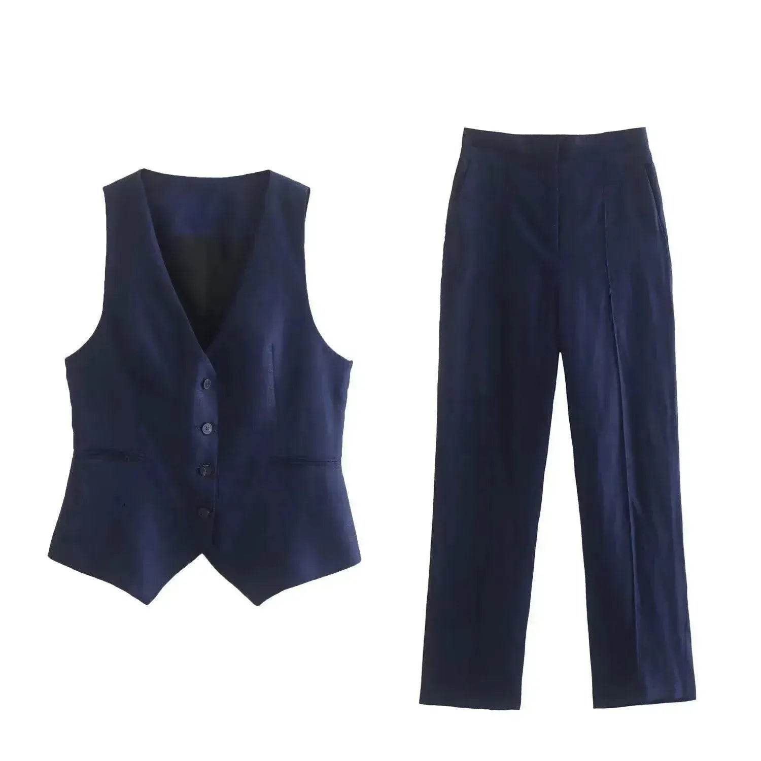 Linen Double Breasted Blazer Vest Straight-leg 3pcs Office Business Formal Pants Suit women