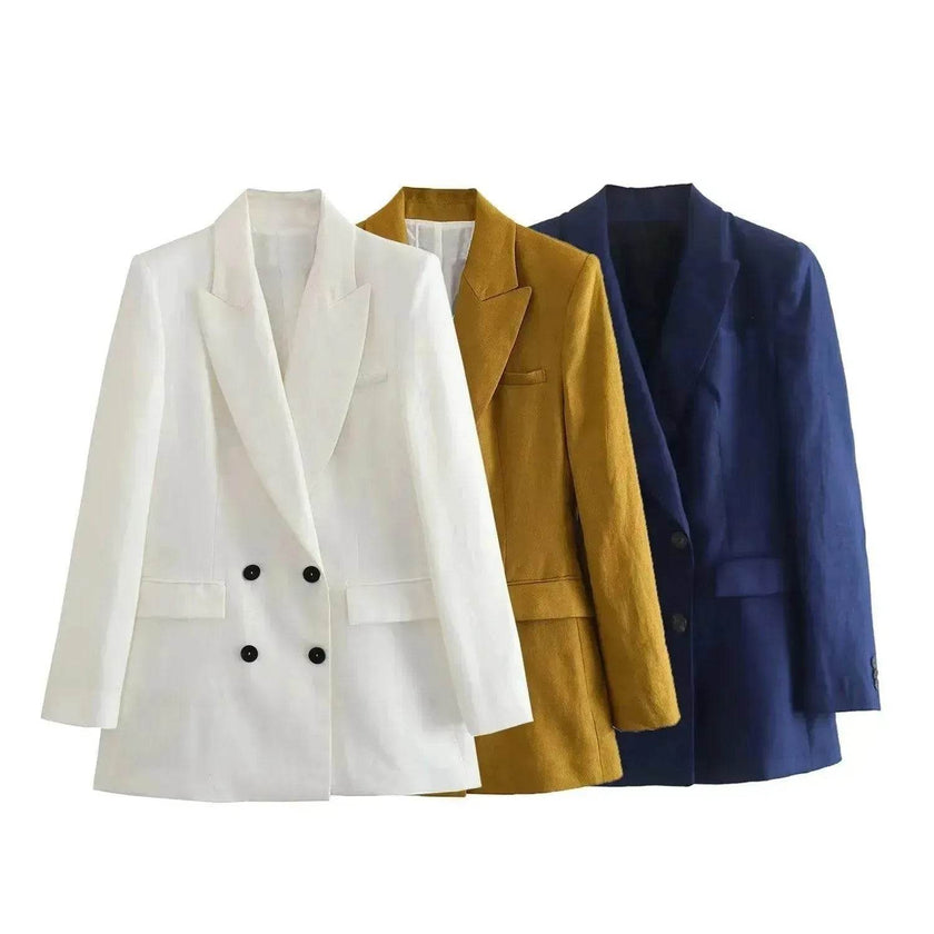 Linen Double Breasted Blazer Vest Straight-leg 3pcs Office Business Formal Pants Suit women