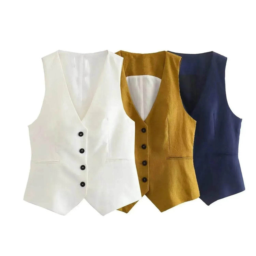 Linen Double Breasted Blazer Vest Straight-leg 3pcs Office Business Formal Pants Suit women