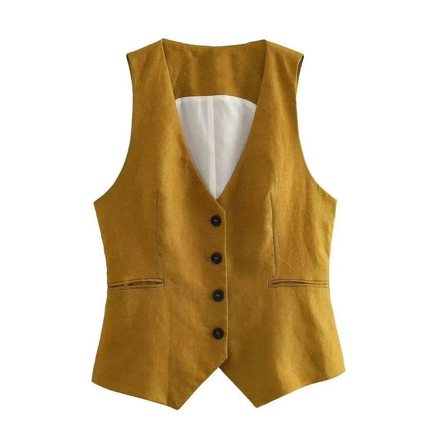 Linen Double Breasted Blazer Vest Straight-leg 3pcs Office Business Formal Pants Suit women