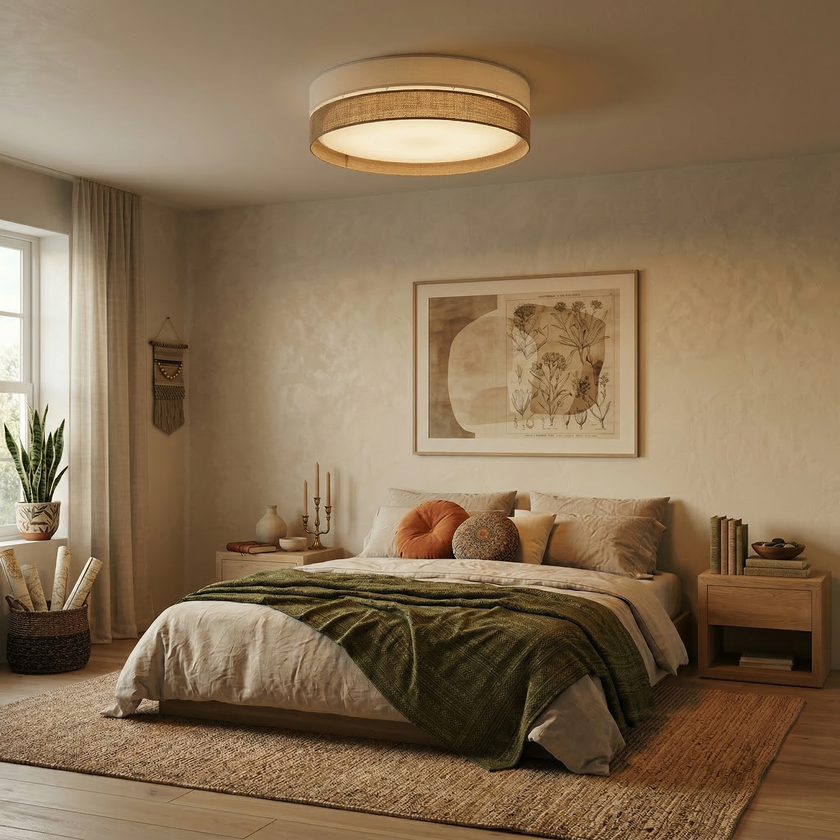 Linobianco Natural Linen Scandinavian Flush Mount Ceiling Light for Bedroom, Hallway & Low Ceilings