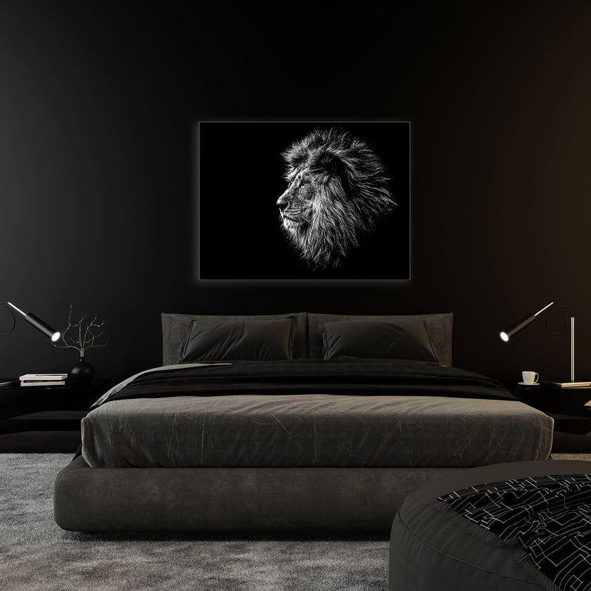Wildlife Canvas Art-Lions Head Blue Eye in Black and White -Silver varnish