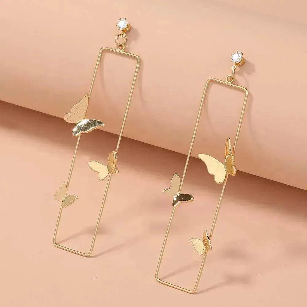 Long Geometric Metal Pop-up Butterfly Stud Drop Earrings
