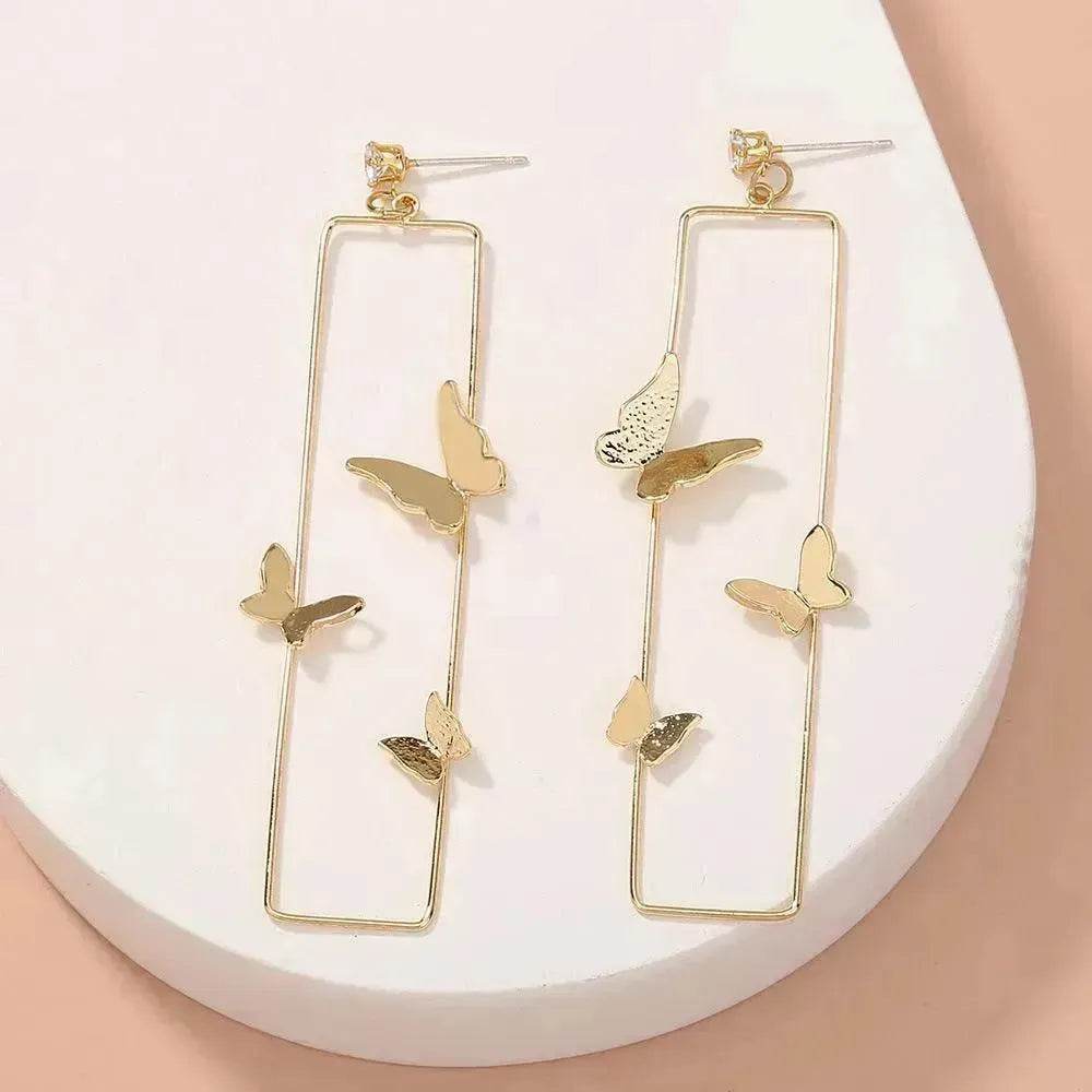 Long Geometric Metal Pop-up Butterfly Stud Drop Earrings