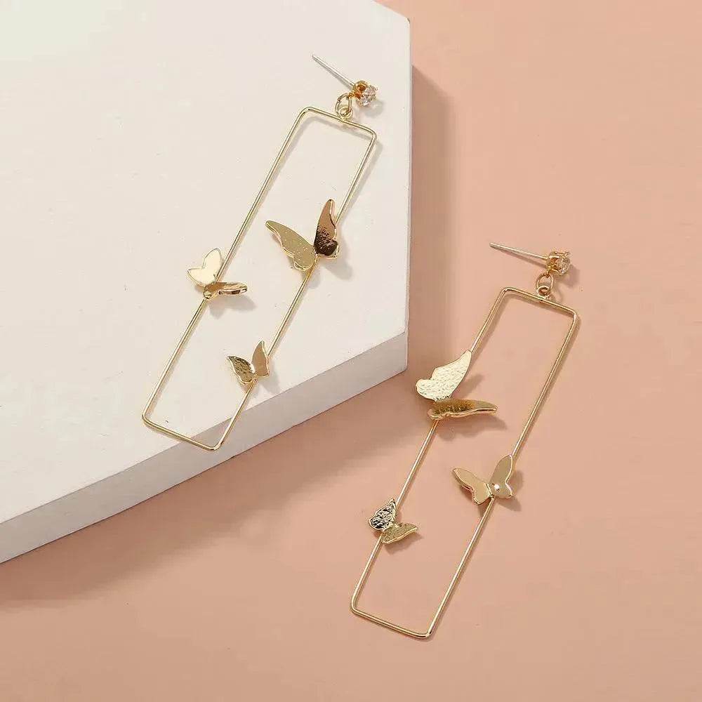 Long Geometric Metal Pop-up Butterfly Stud Drop Earrings