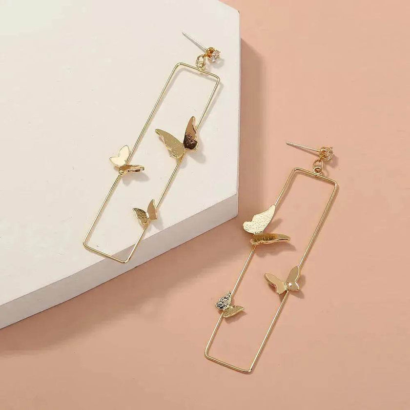 Long Geometric Metal Pop-up Butterfly Stud Drop Earrings