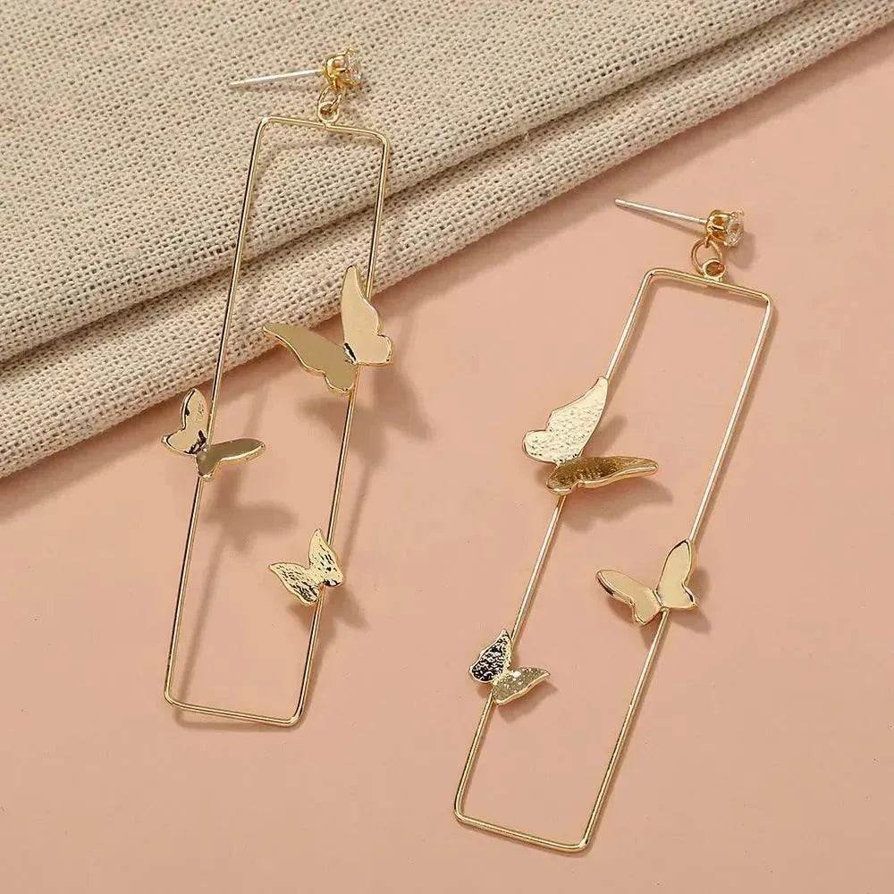 Long Geometric Metal Pop-up Butterfly Stud Drop Earrings