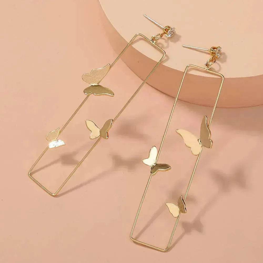 Long Geometric Metal Pop-up Butterfly Stud Drop Earrings