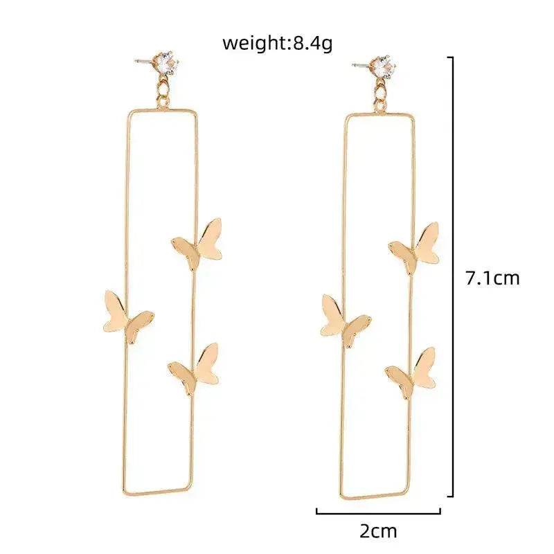 Long Geometric Metal Pop-up Butterfly Stud Drop Earrings