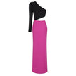 Long Sleeve Rose Red Color Matching Beaded Flower One-shoulder Dress