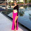 Long Sleeve Rose Red Color Matching Beaded Flower One-shoulder Dress