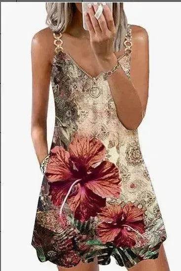 Loose Sleeveless Sling Summer Beach Printed Floral Mini Dress