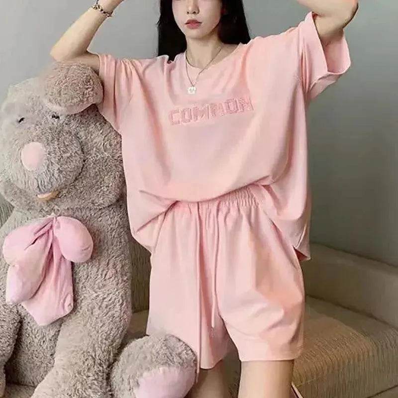Loose Slimming Short Sleeve T-shirt High Waist Wide Leg Shorts