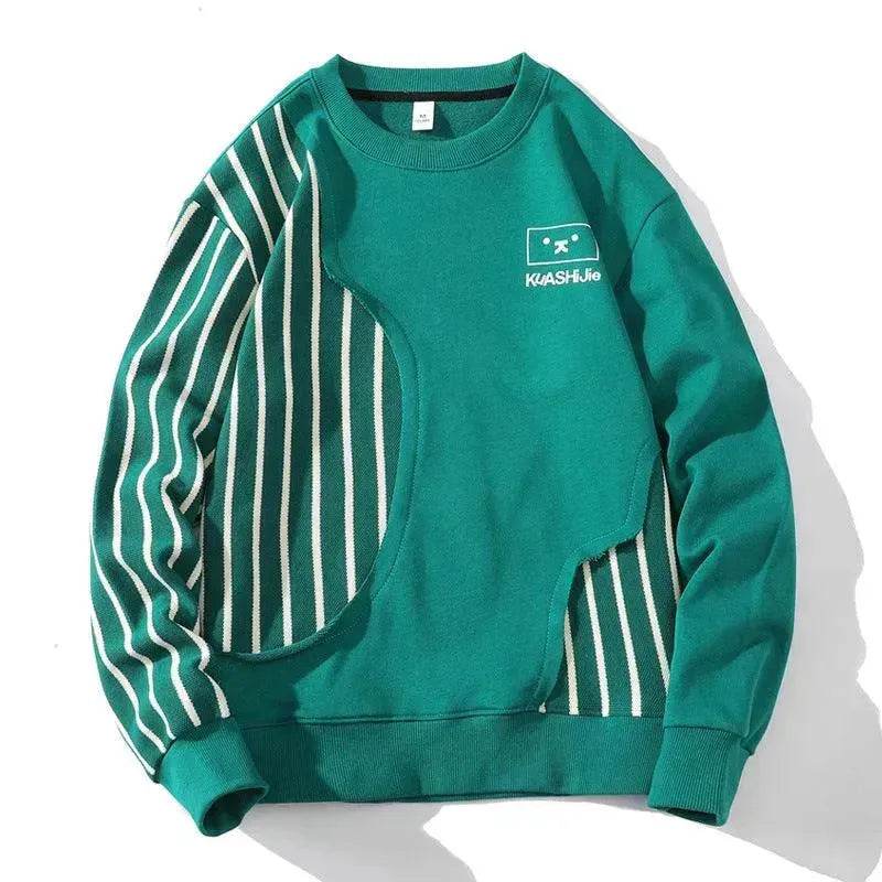 Loose Sports Long-sleeved T-shirt Patchwork Stripes Printed Men's Clothing Round-neck Sweater