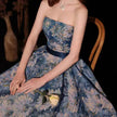 Luxurious Princess Court Oil Painting Style Tube Top Blue Evening Dress Bowl Gown