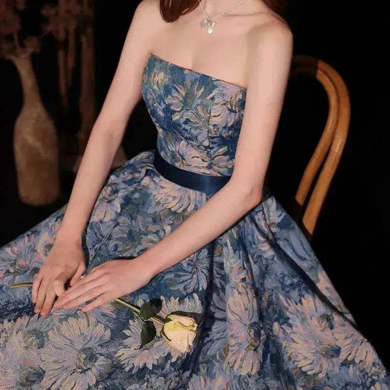 Luxurious Princess Court Oil Painting Style Tube Top Blue Evening Dress Bowl Gown