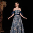 Luxurious Princess Court Oil Painting Style Tube Top Blue Evening Dress Bowl Gown