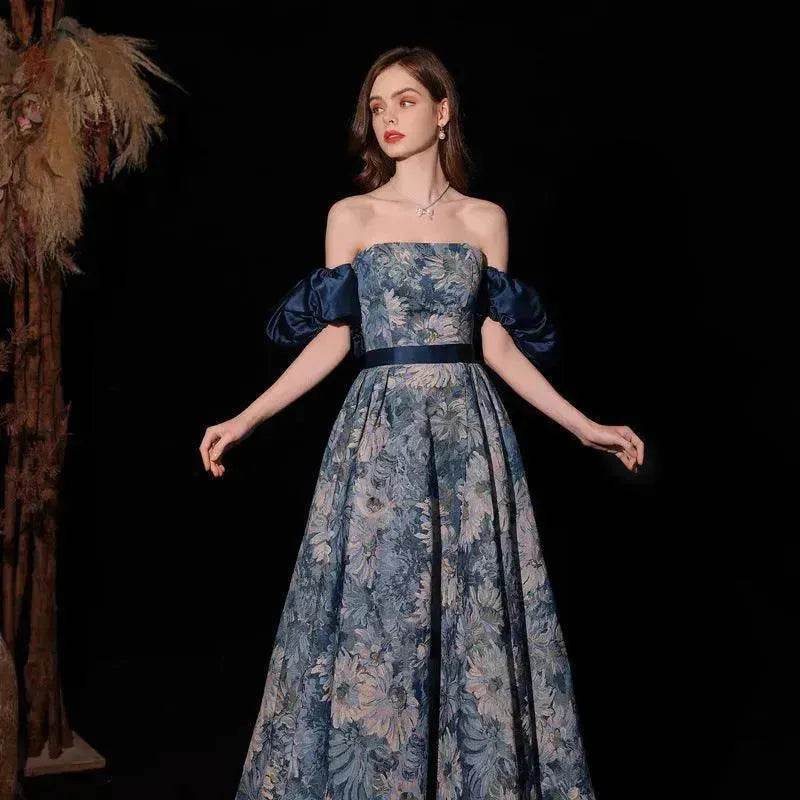 Luxurious Princess Court Oil Painting Style Tube Top Blue Evening Dress Bowl Gown