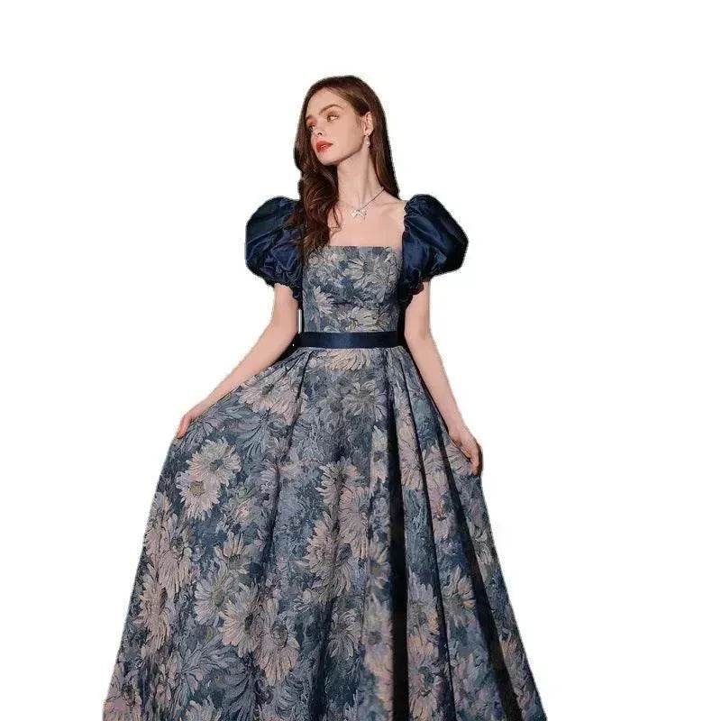 Luxurious Princess Court Oil Painting Style Tube Top Blue Evening Dress Bowl Gown