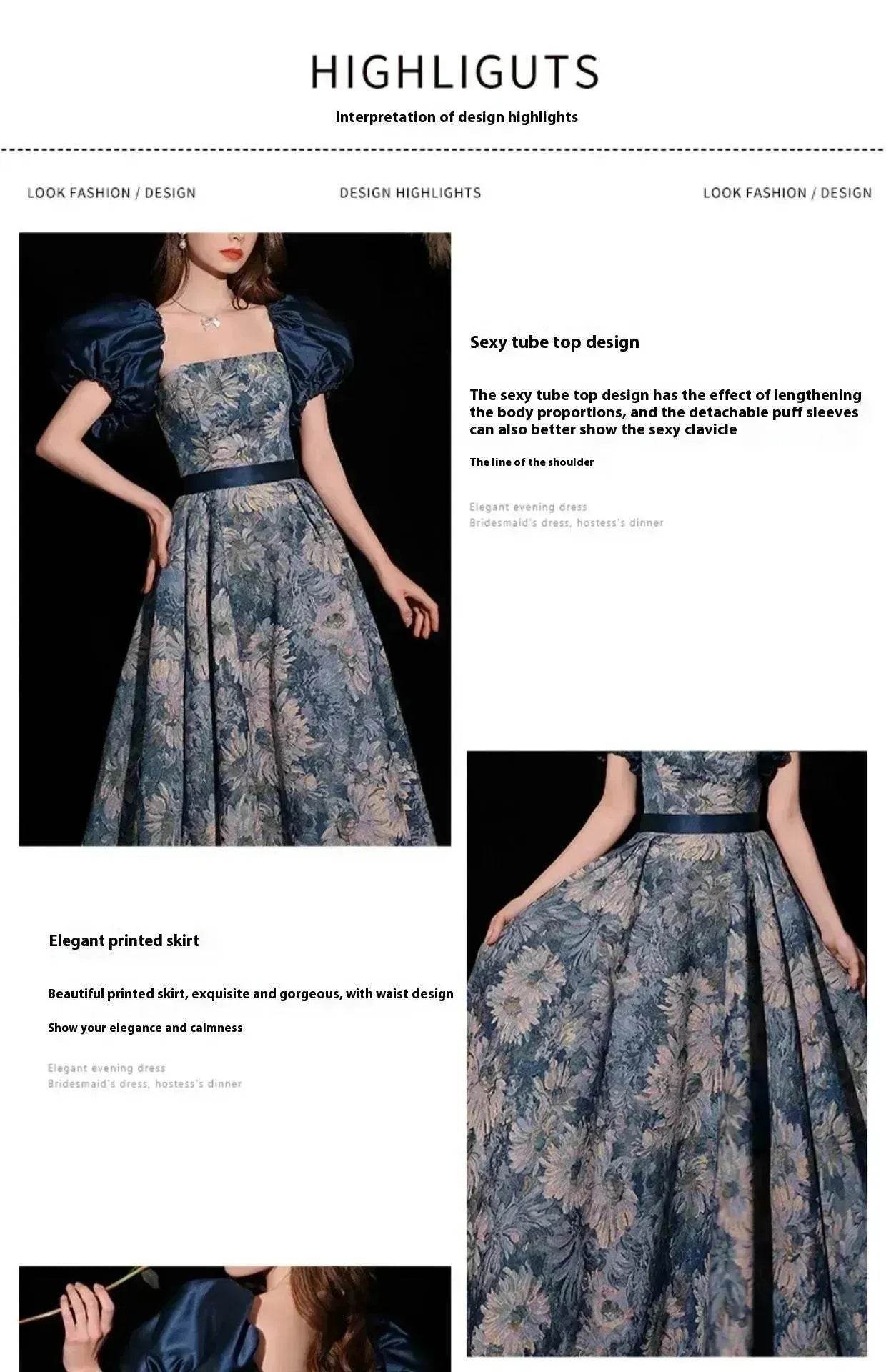 Luxurious Princess Court Oil Painting Style Tube Top Blue Evening Dress Bowl Gown