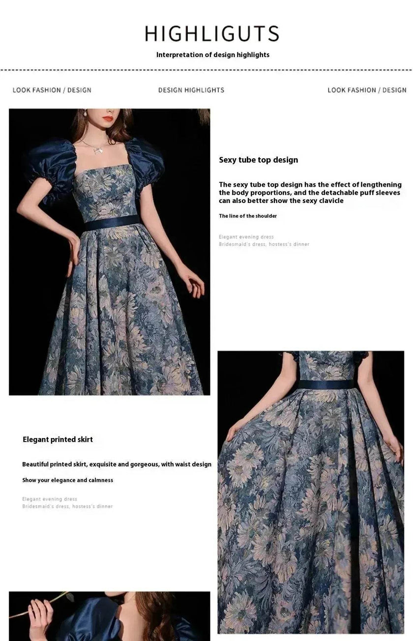 Luxurious Princess Court Oil Painting Style Tube Top Blue Evening Dress Bowl Gown