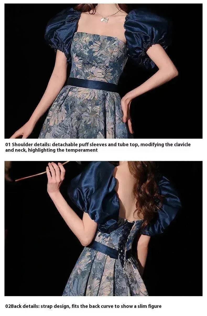 Luxurious Princess Court Oil Painting Style Tube Top Blue Evening Dress Bowl Gown