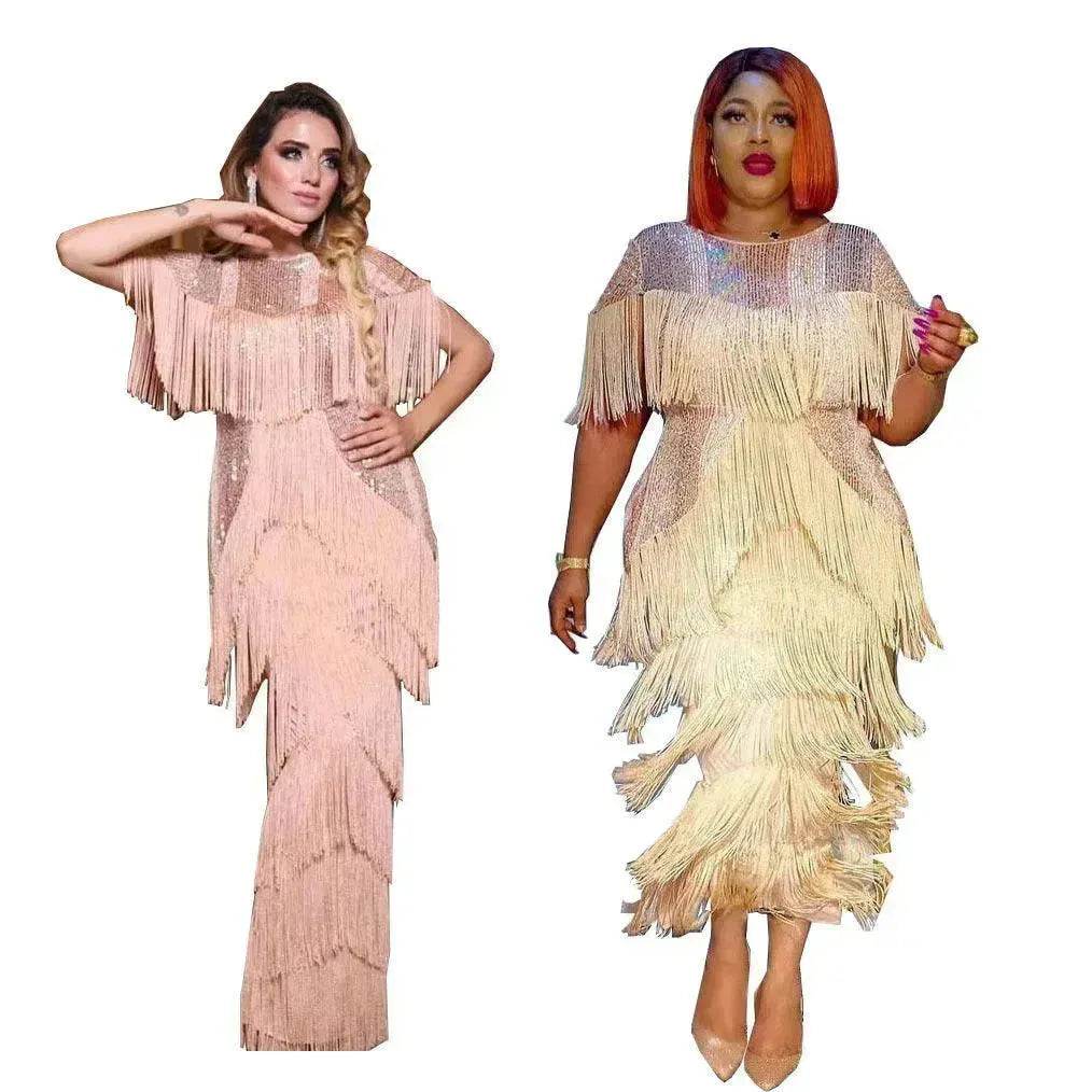 Luxurious Women's Sequined Stretch Fabric Multi-layer Dynamic Tassle Fashion Long Dress for Evening Party Cocktail Wedding Party.