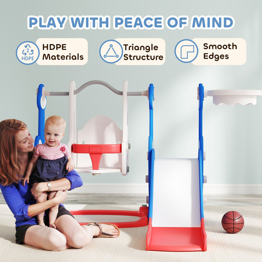 Qaba 4-in-1 Slide and Swing Set with Basketball Hoop, Climber, for Ages 1.5-4 Boys Girls Toddler, Rocket Themed, Dark Blue