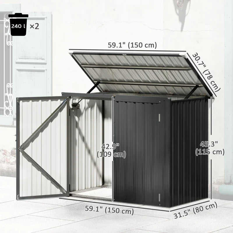 Outdoor Storage Shed Lockable Galvanized Steel Garbage Bin Shed Lift-up Lid for 2 Trash Cans