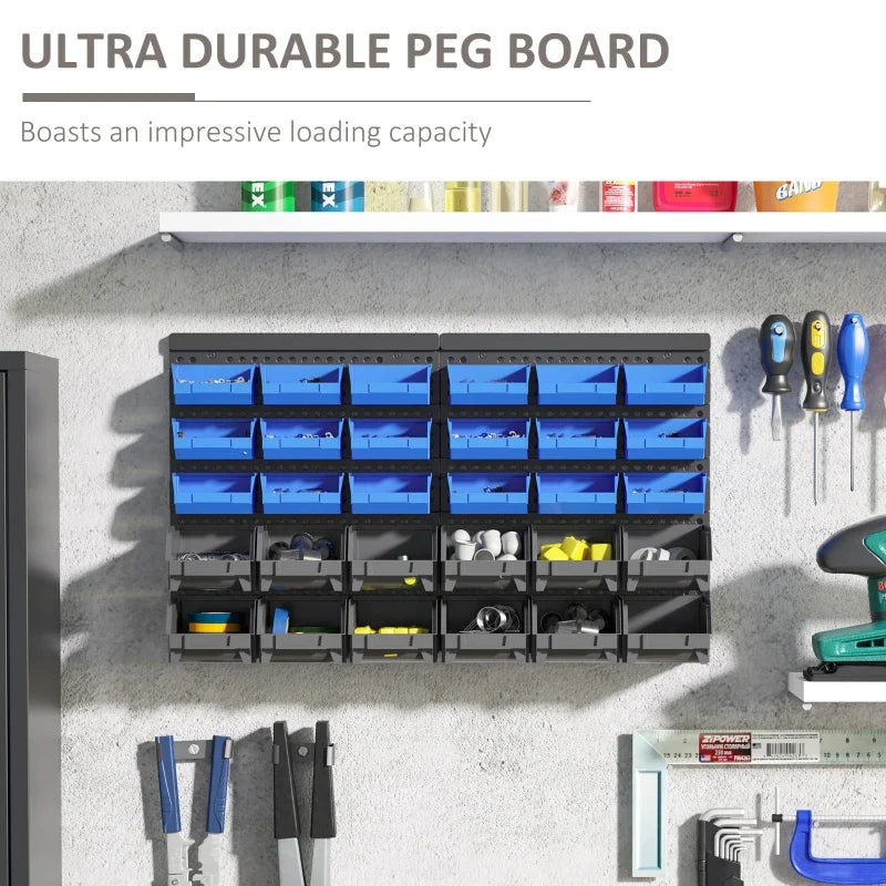 Wall Mounted Storage Bin Rack Tool Organizer with 30 Bins, Pegboard for Garage Workshops Blue