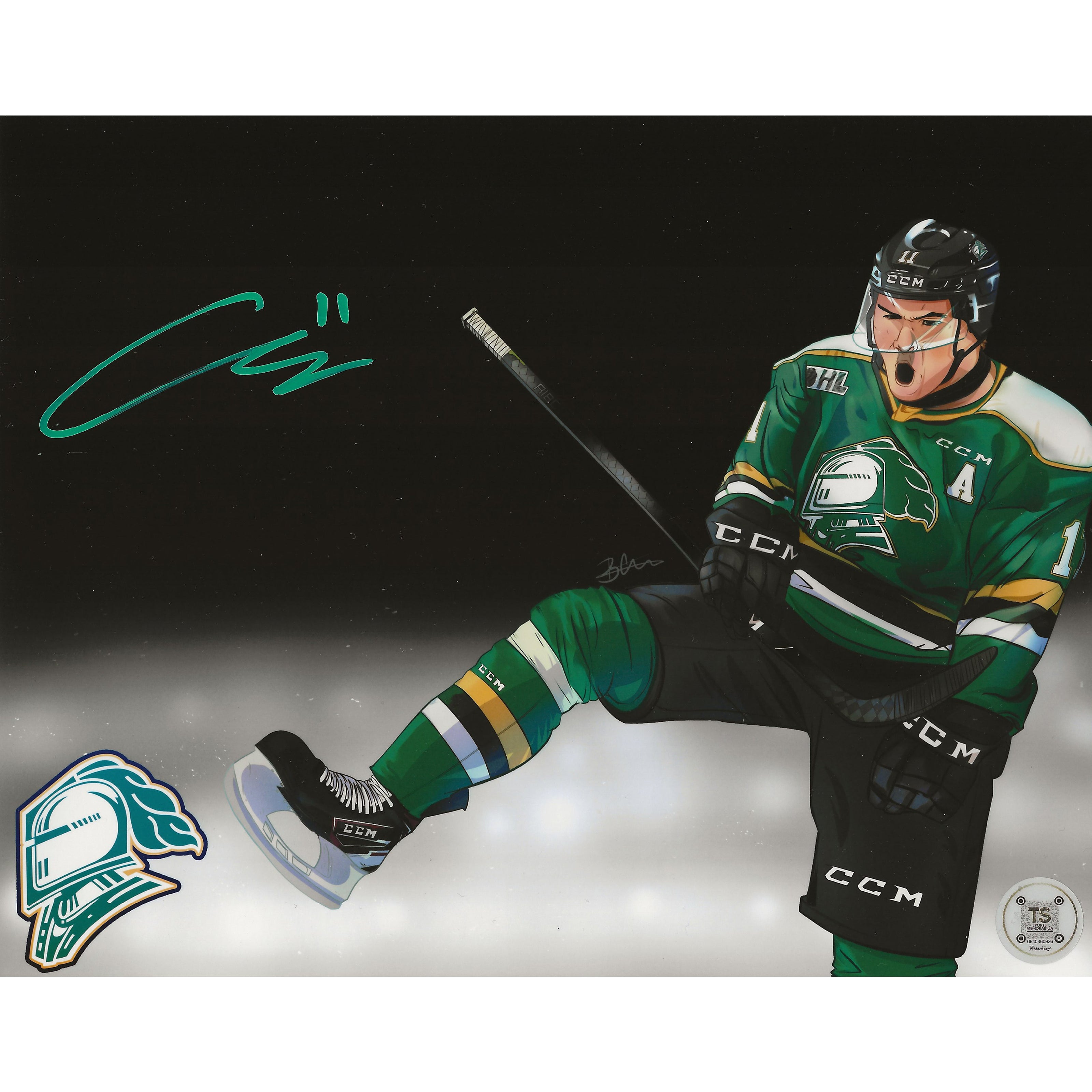 Connor McMichael Autographed London Knights Goal Celebration Artwork 8x10 Photo
