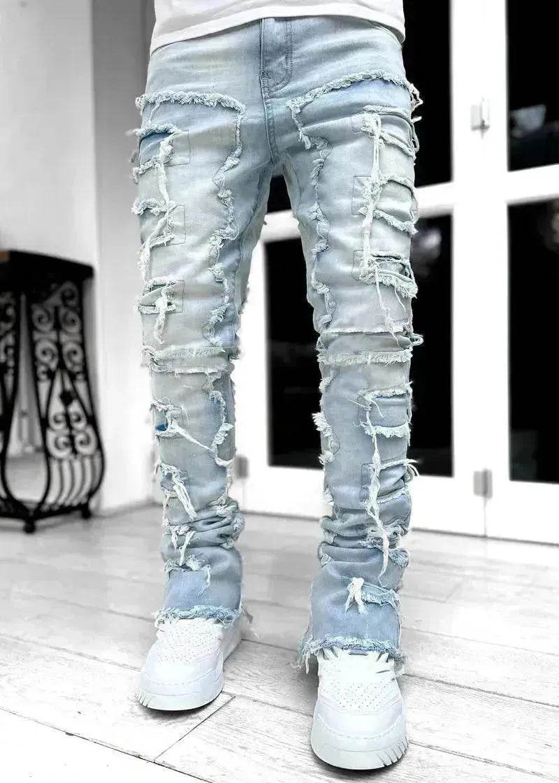 Stacked Denim Jeans Men – Patched Slim Fit Pants
