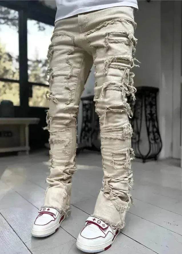 Stacked Denim Jeans Men – Patched Slim Fit Pants