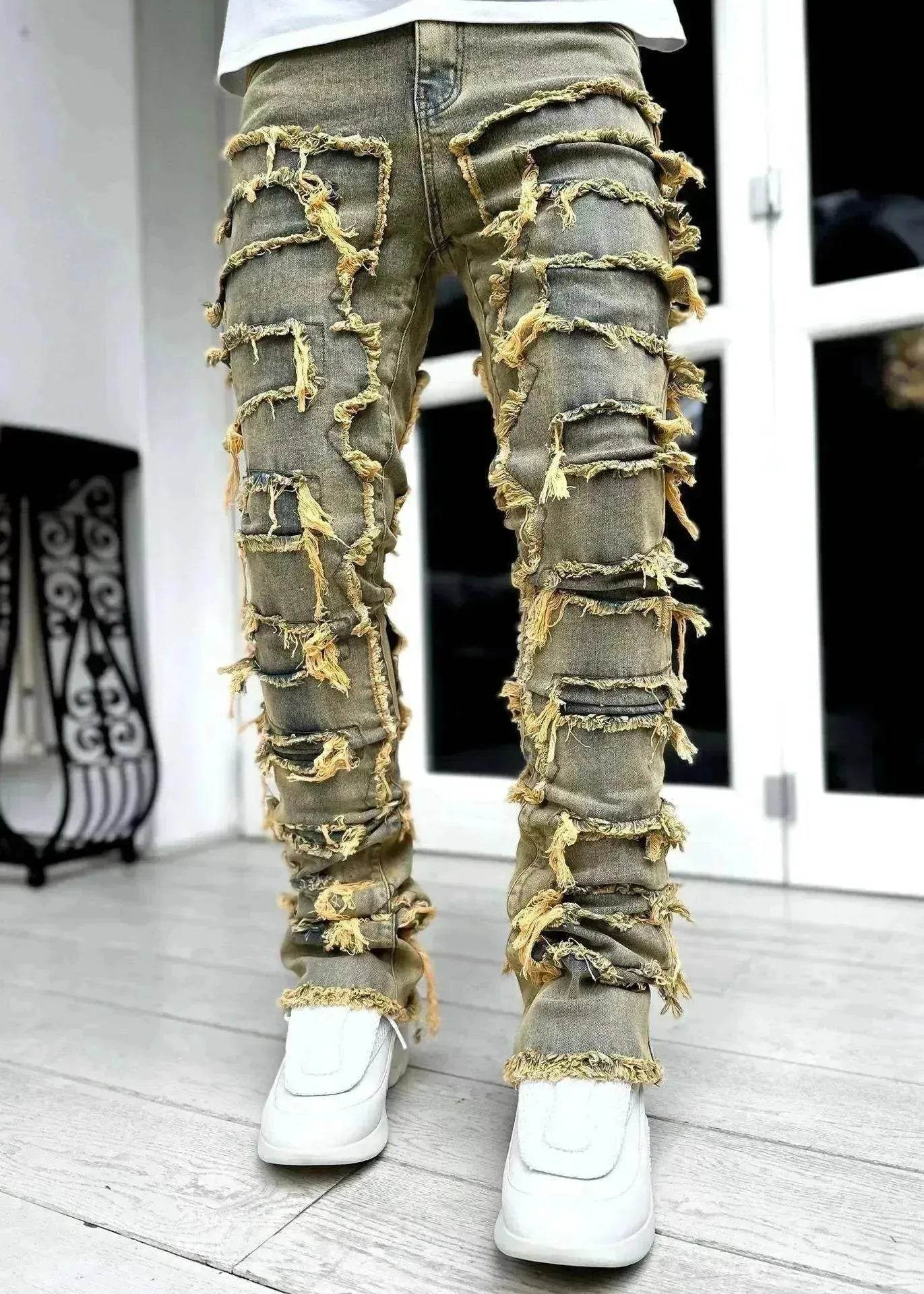 Stacked Denim Jeans Men – Patched Slim Fit Pants