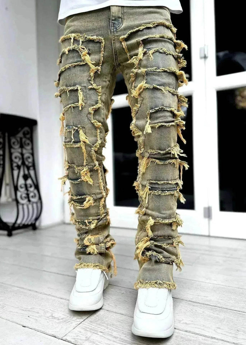 Stacked Denim Jeans Men – Patched Slim Fit Pants