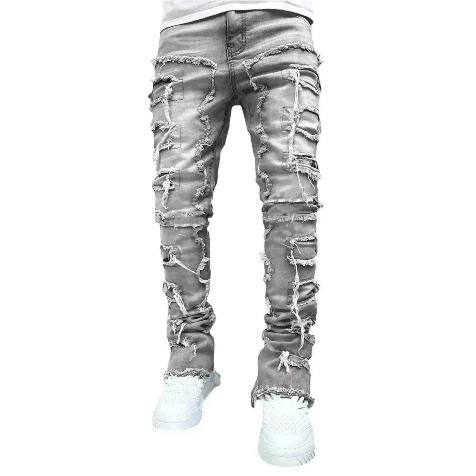 Stacked Denim Jeans Men – Patched Slim Fit Pants