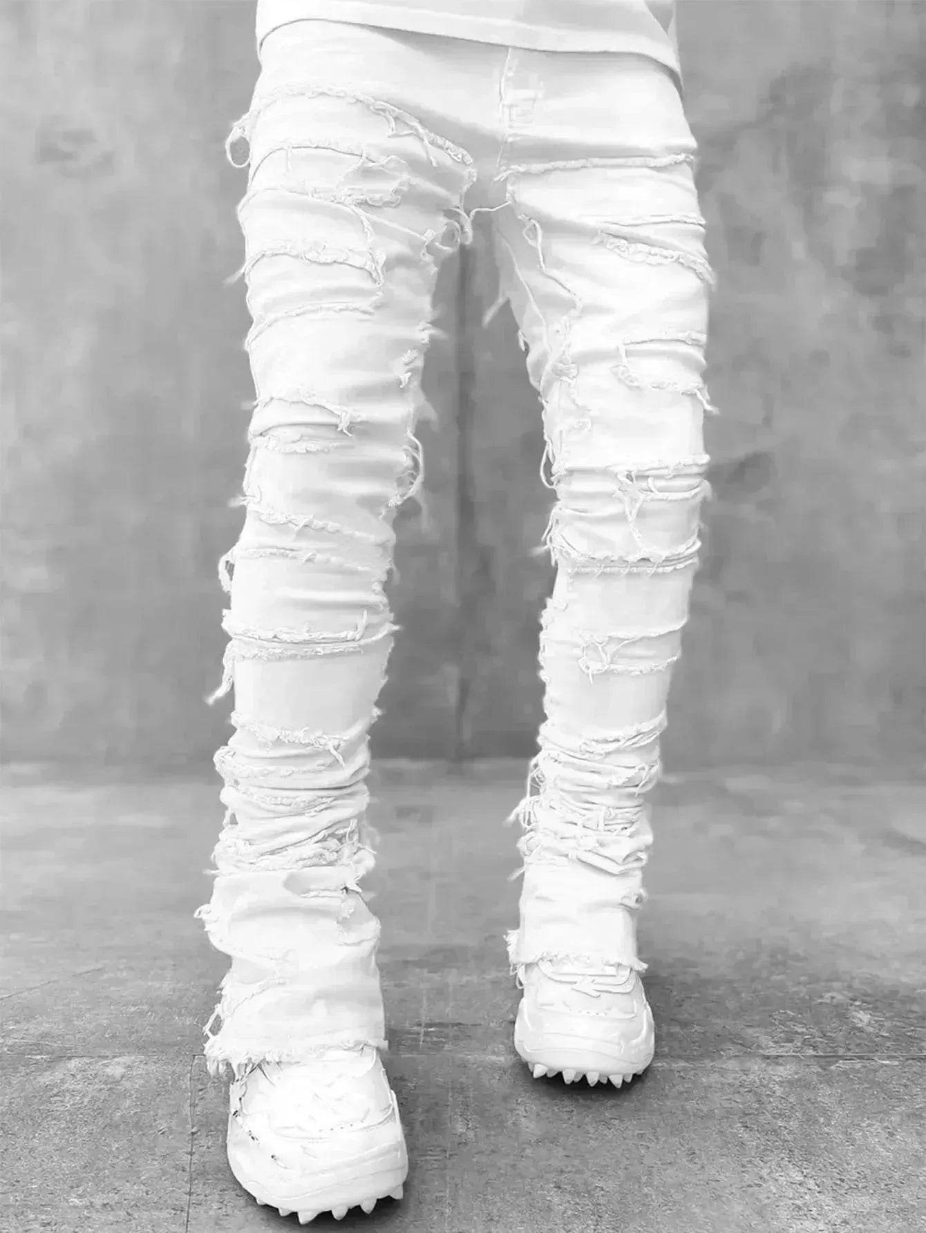 Stacked Denim Jeans Men – Patched Slim Fit Pants
