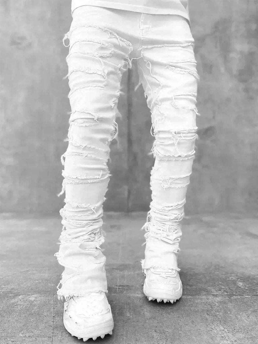 Stacked Denim Jeans Men – Patched Slim Fit Pants