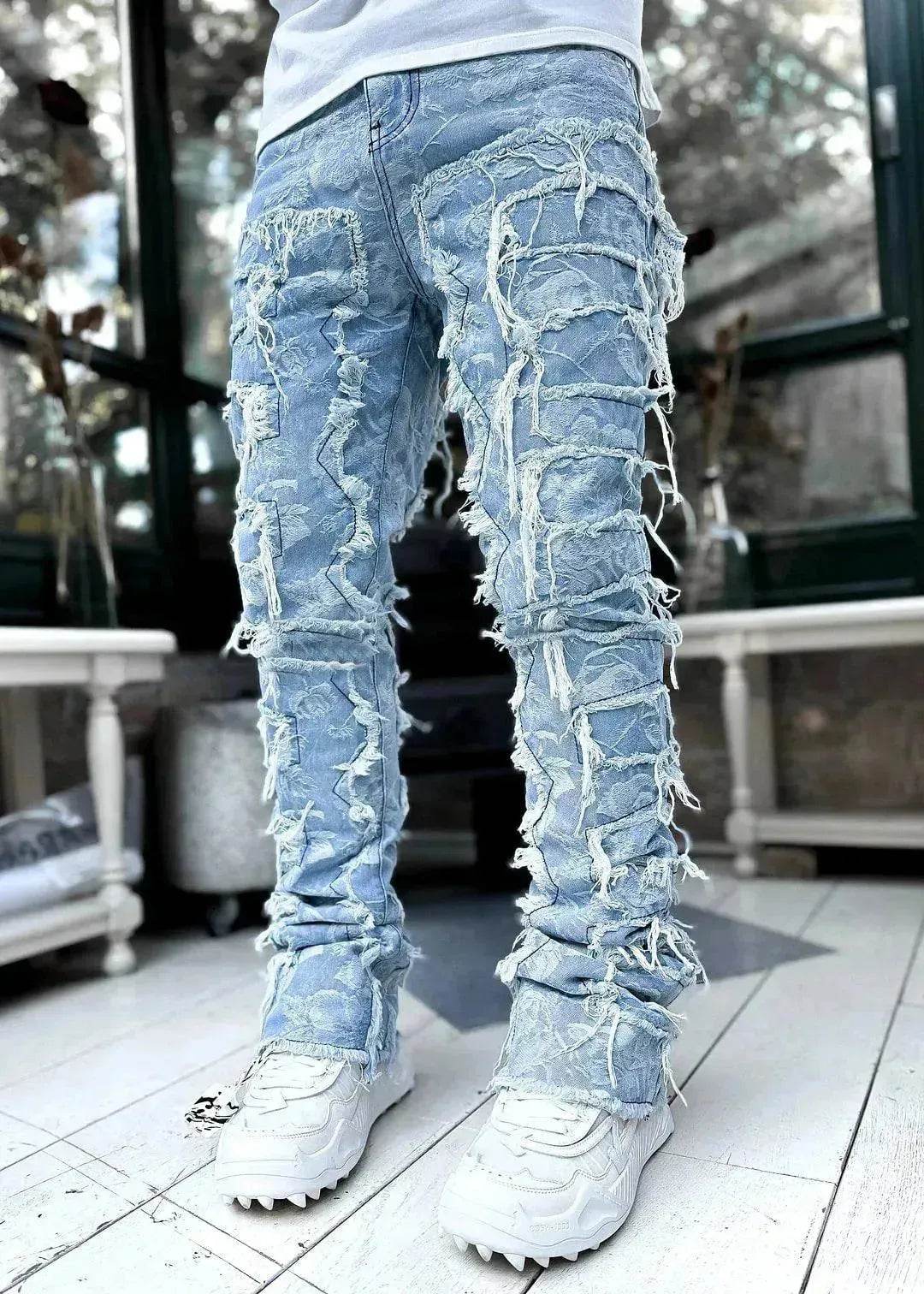 Stacked Denim Jeans Men – Patched Slim Fit Pants