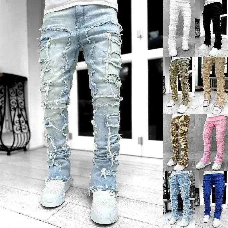 Stacked Denim Jeans Men – Patched Slim Fit Pants