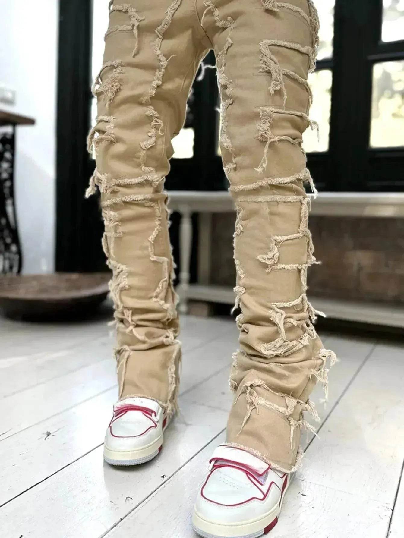 Stacked Denim Jeans Men – Patched Slim Fit Pants